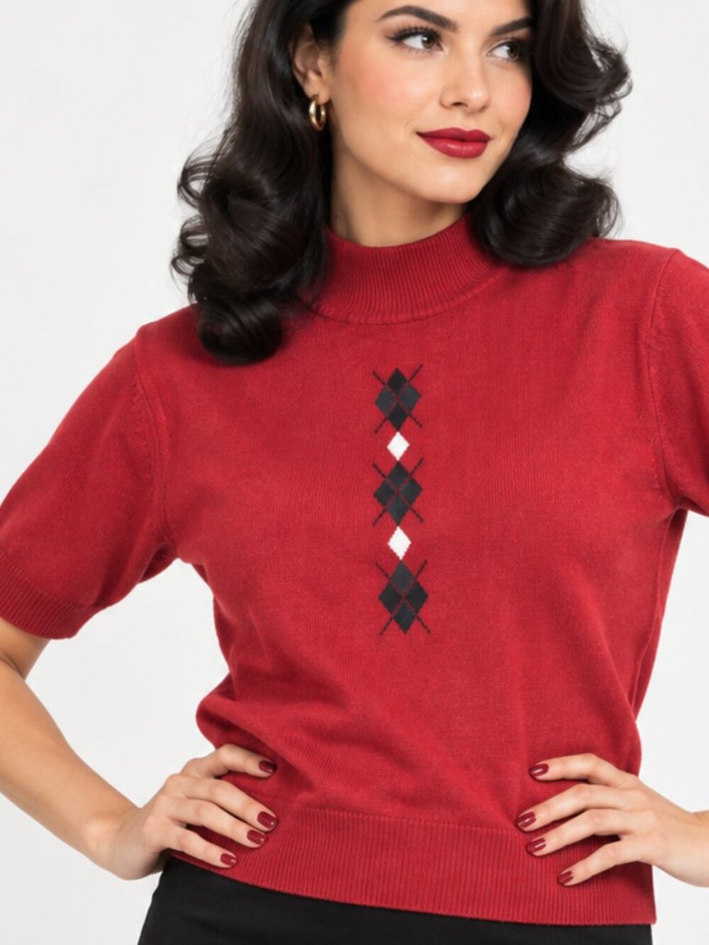 Sag Harbor Vintage Argyle Mock Neck Short Sleeve Sweater L Red